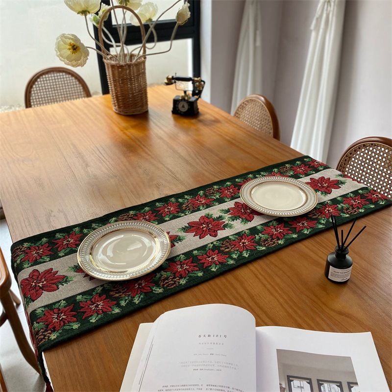Long Xmas Table Runner, Party Tabletop Ornament, Elegant Home Cabinet Decor Cloth, 33*220cm, Pattern 04