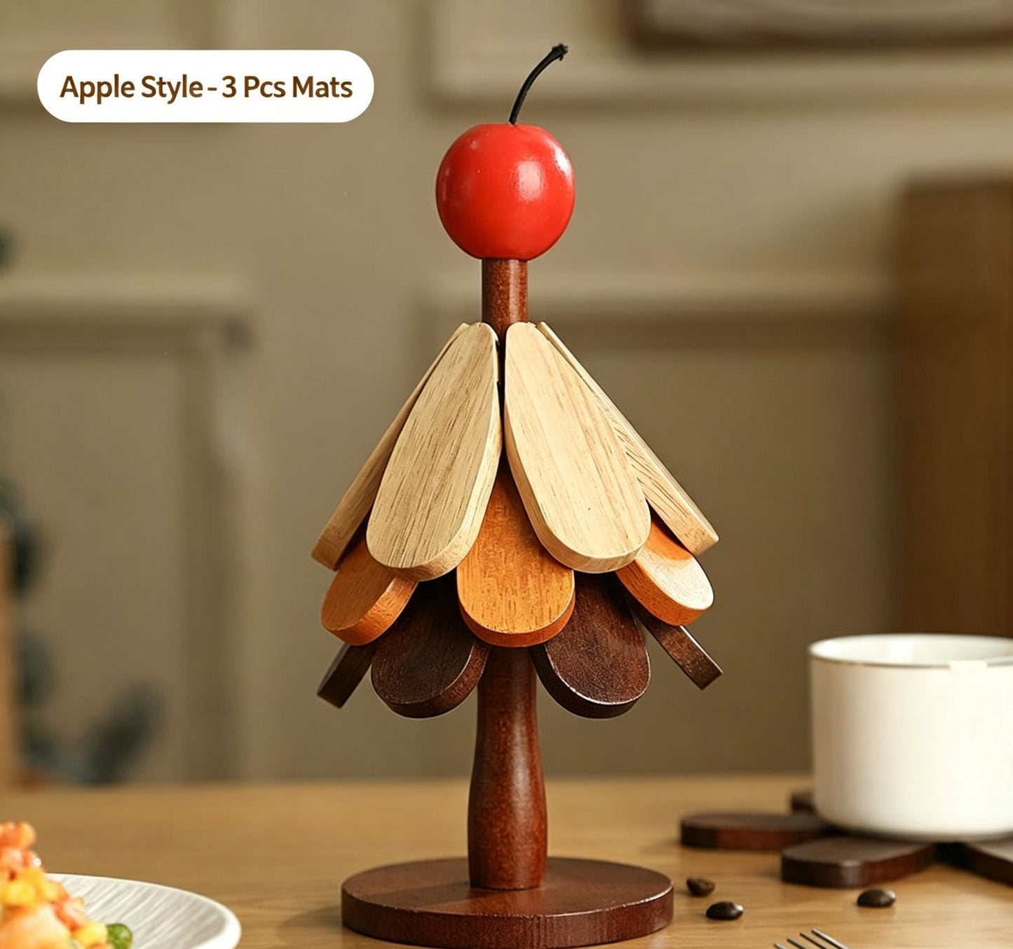 3-Tier Apple Style Christmas Tree Heat Insulation Trivet, Wooden Table Pad, Decor Supplies for Christmas & Halloween