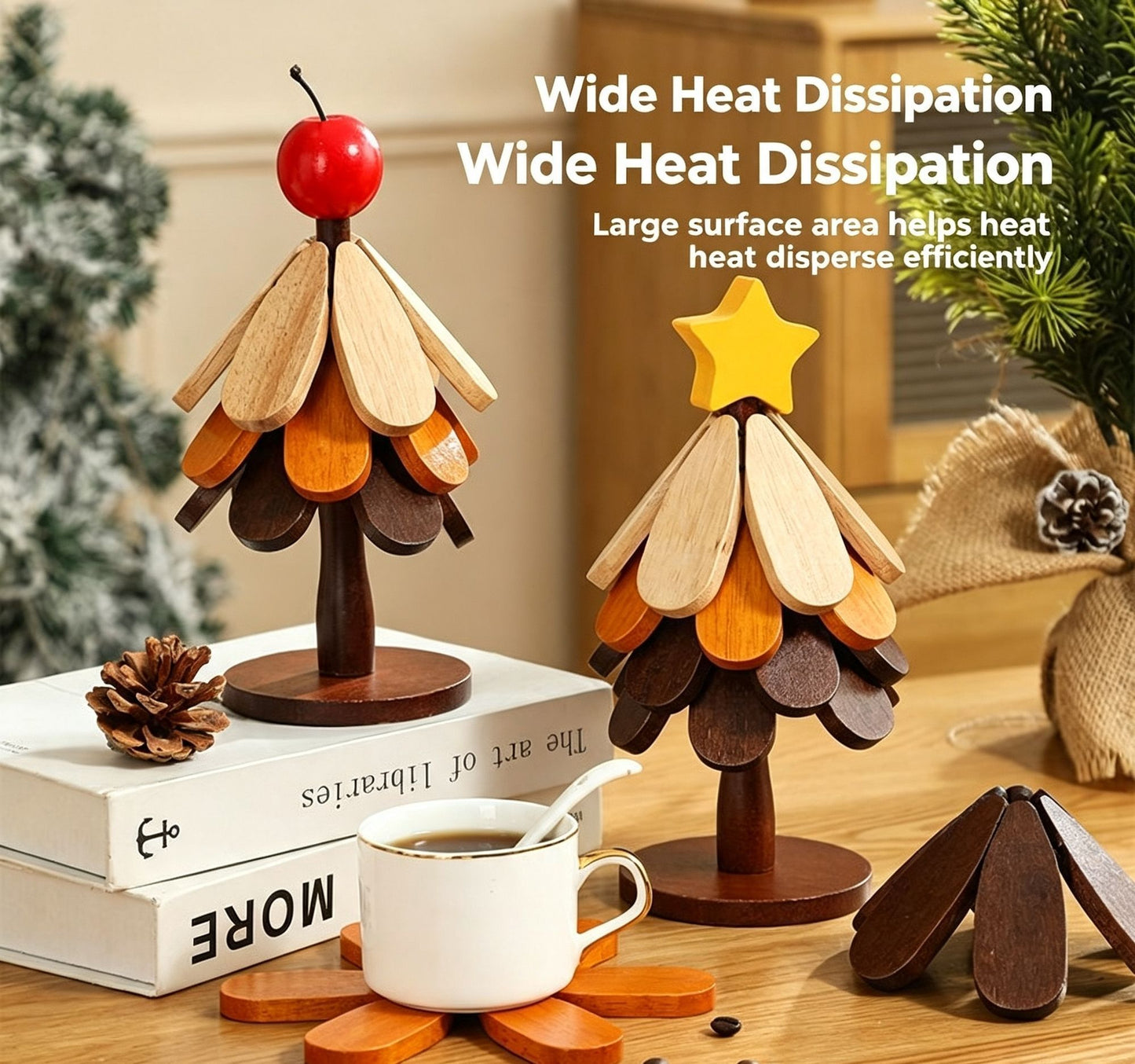 4-Tier Apple Style Christmas Tree Heat Insulation Trivet, Practical Wooden Pot Mat for Christmas & Halloween Gathering