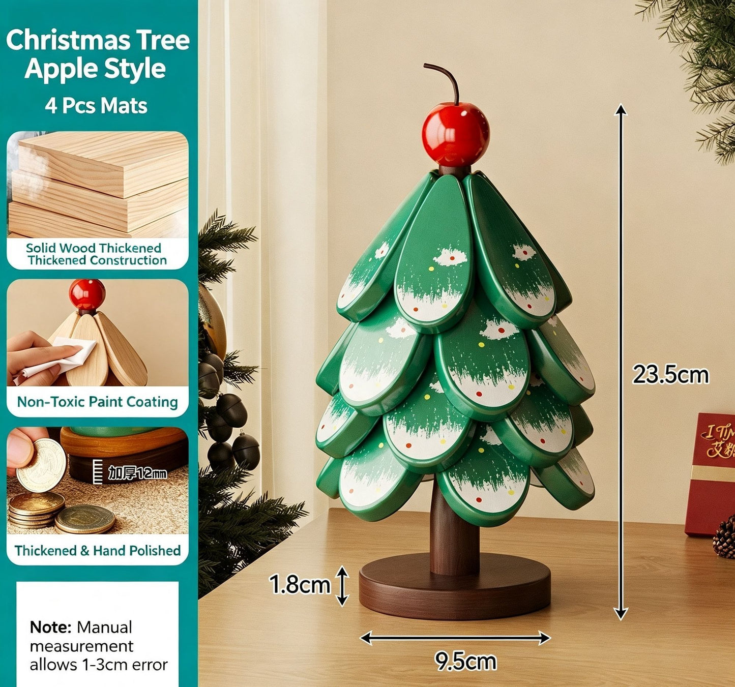 Green Christmas Tree 4-Tier Apple Pattern Heat Insulation Pad, Anti-scald Pot Coaster for Christmas & Halloween Events