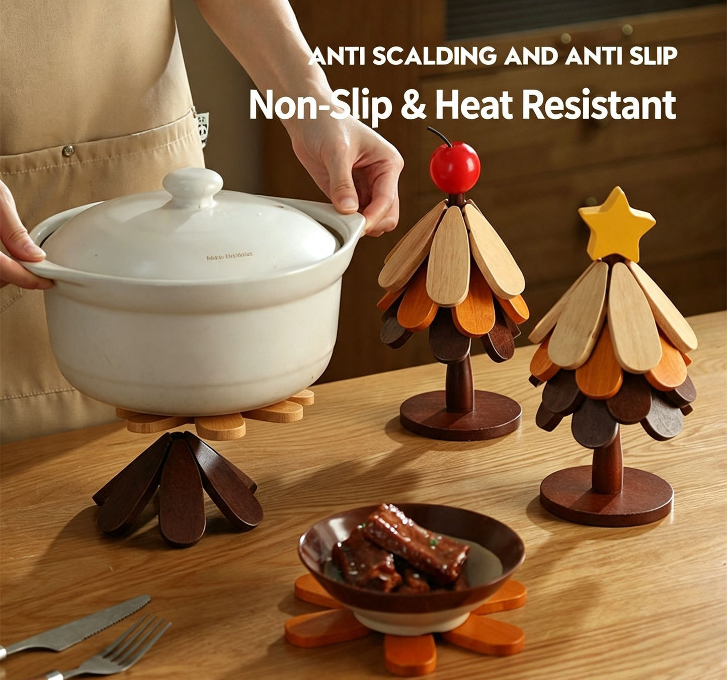 Green Christmas Tree 5-Tier Apple Pattern Heat Insulation Pad, Stylish Table Ornament for Christmas & Halloween