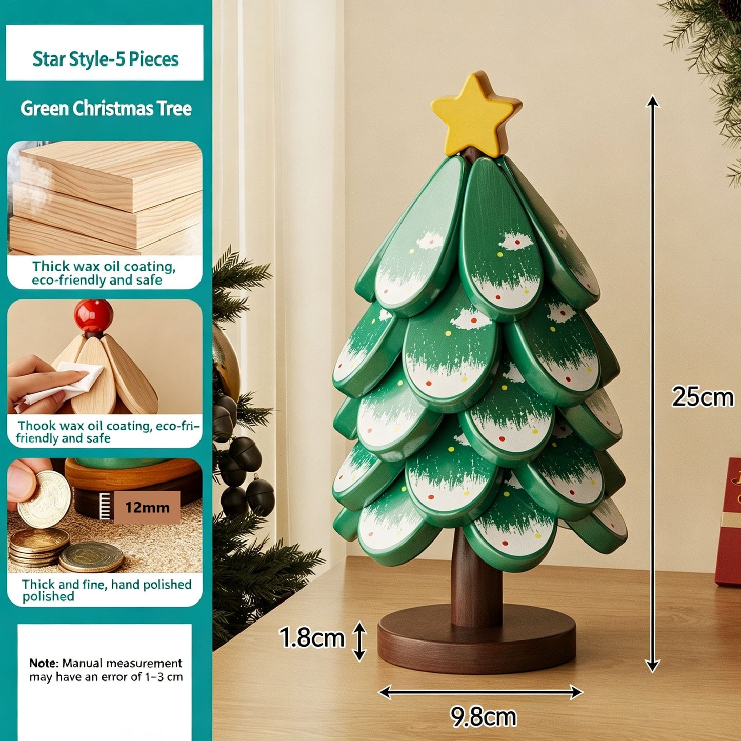 Green Christmas Tree 5-Tier Star Pattern Heat Resistant Trivet, Decor Wooden Pad for Christmas & Halloween Scene Layout