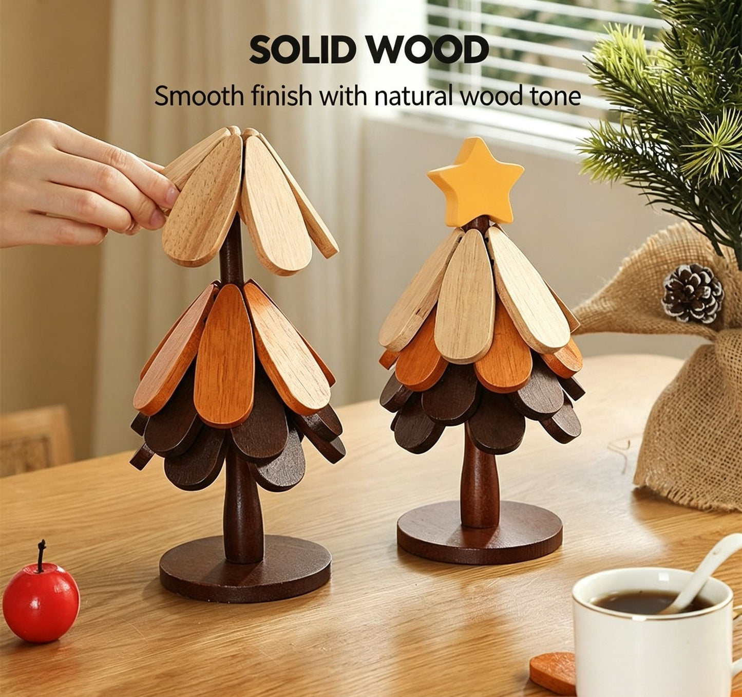 Green Christmas Tree 5-Tier Star Pattern Heat Resistant Trivet, Decor Wooden Pad for Christmas & Halloween Scene Layout