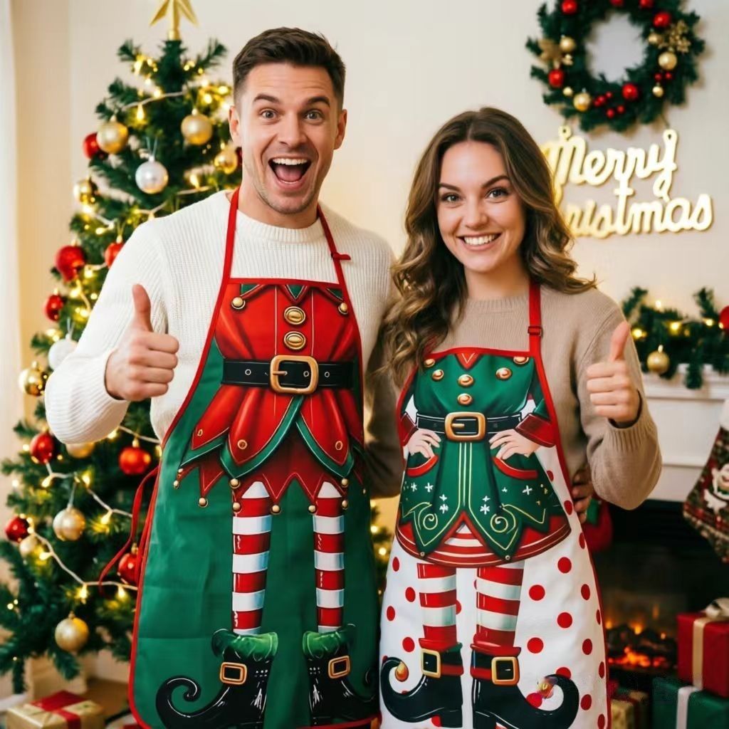 Christmas Green Festive Party Apron, Stain‑Resistant Household Kitchen Bib, Holiday Gathering Decor Accessory, 75*52cm