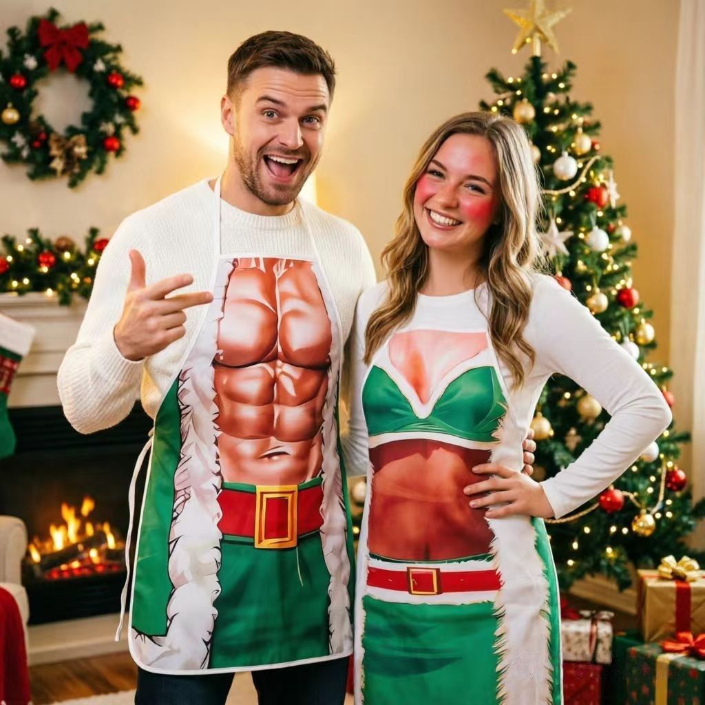 Christmas Green Festive Party Apron, Stain‑Resistant Household Kitchen Bib, Holiday Gathering Decor Accessory, 75*52cm