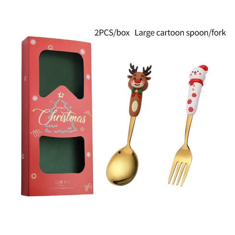 Stainless Steel Christmas Spoon Fork Gift Set, Cute 3D Doll Handle Tableware, 2 Pieces Large Gold Style 2B with Gift Box for Xmas Table Decor and Holiday Present