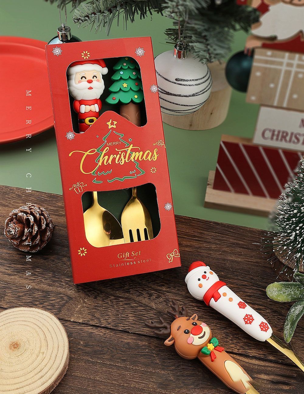 Stainless Steel Christmas Spoon Fork Gift Set, Cute 3D Doll Handle Tableware, 2 Pieces Large Gold Style 2B with Gift Box for Xmas Table Decor and Holiday Present