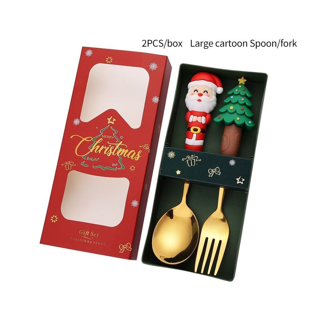 Cartoon Figurine Stainless Steel Cutlery Pack, 2Pcs Large Golden Spoon and Fork Kit Style A, Perfect for Christmas Family Dinner and Guest Souvenir Gifts