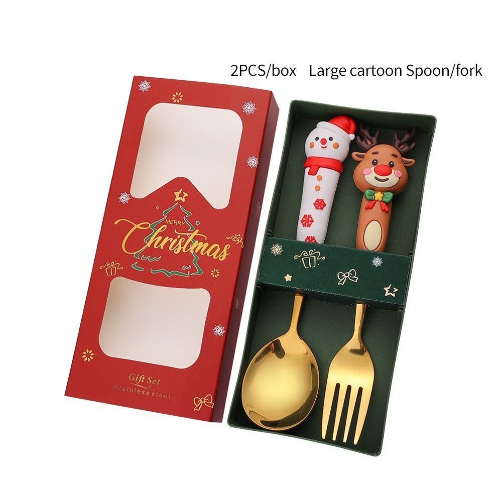 Xmas Themed Stainless Steel Dessert Spoon Fork Box, 2 Large Gold Tableware Style B, Suitable for Festive Table Layout and Christmas Gift Giving