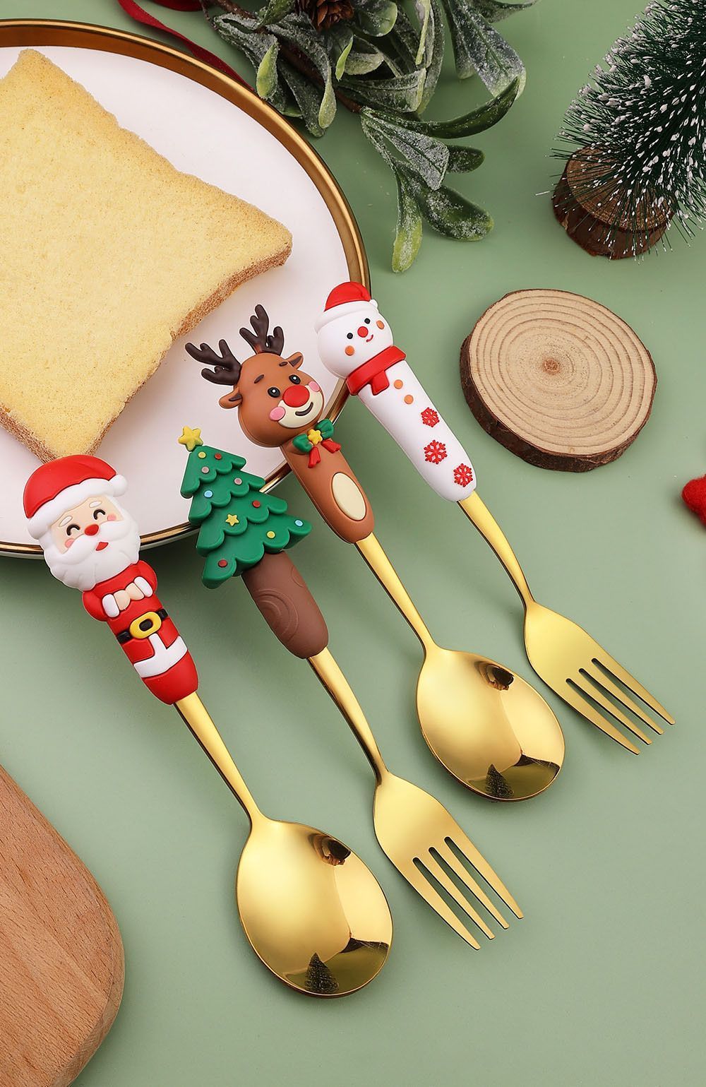 Xmas Themed Stainless Steel Dessert Spoon Fork Box, 2 Large Gold Tableware Style B, Suitable for Festive Table Layout and Christmas Gift Giving