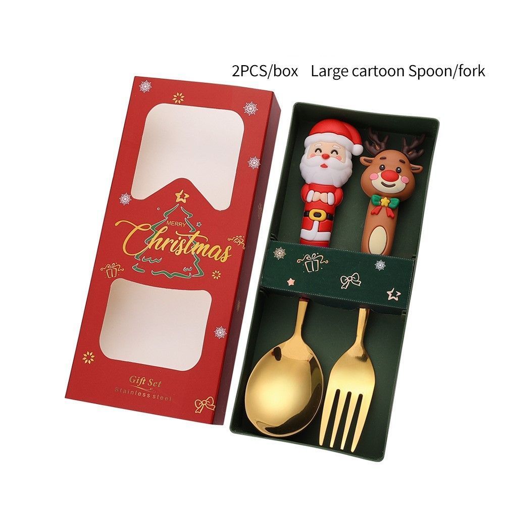 Lovely Santa Reindeer Handle Stainless Steel Utensil Set, 2Pcs Large Golden Spoon Fork Style C, Ideal for Holiday Party Arrangement and Gift Exchange