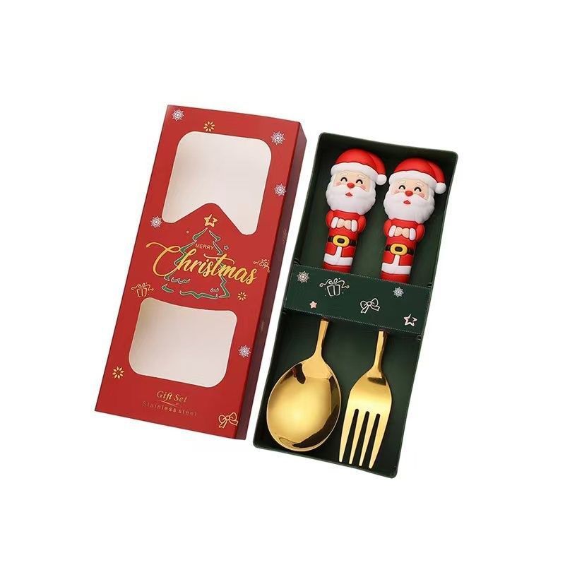 Decorative Christmas Stainless Steel Tableware Gift Box, 2 Large Golden Spoon Fork Style D, Used for Dessert Serving and Christmas Small Corporate Gifts