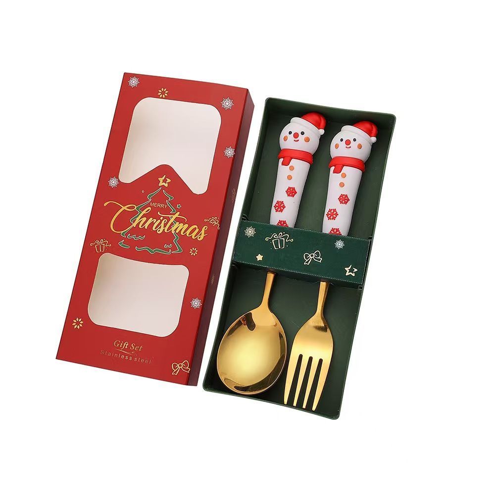Holiday Character Stainless Steel Spoon Fork Kit, 2Pcs Large Golden Cutlery Style E, Great for Home Xmas Feast Decoration and Friends Festival Presents
