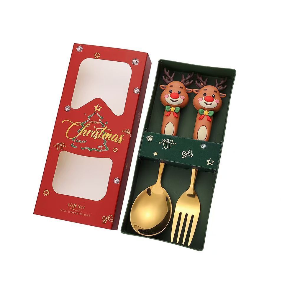 Adorable Christmas Doll Stainless Steel Cutlery Box, 2 Large Golden Spoon Fork Style G, Matches Christmas Banquet Setting and Holiday Gift Wrapping