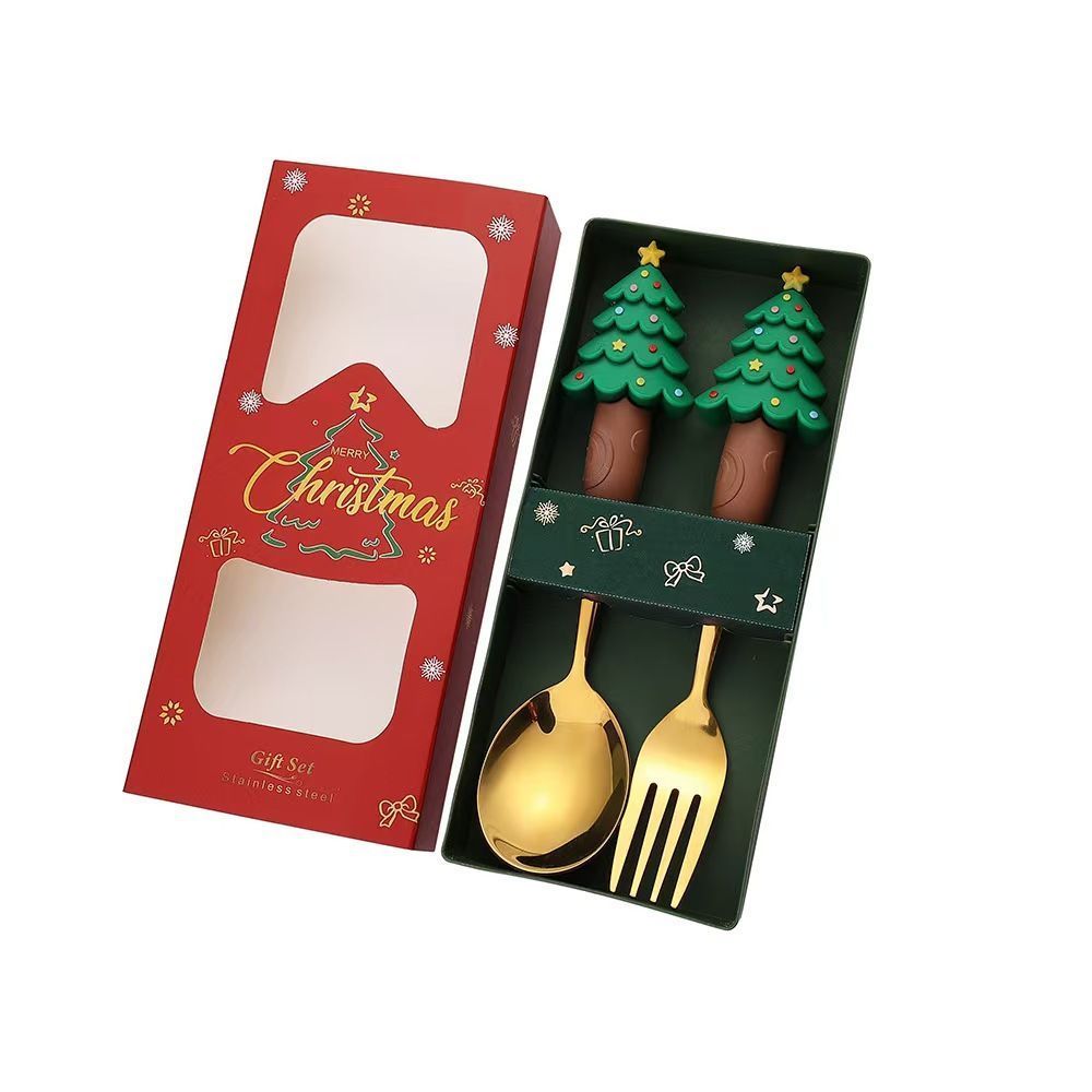 3D Xmas Figure Handle Stainless Steel Tableware Set, 2Pcs Large Golden Spoon Fork Style F, Applicable for Dessert Use and Christmas Handcrafted Gifts