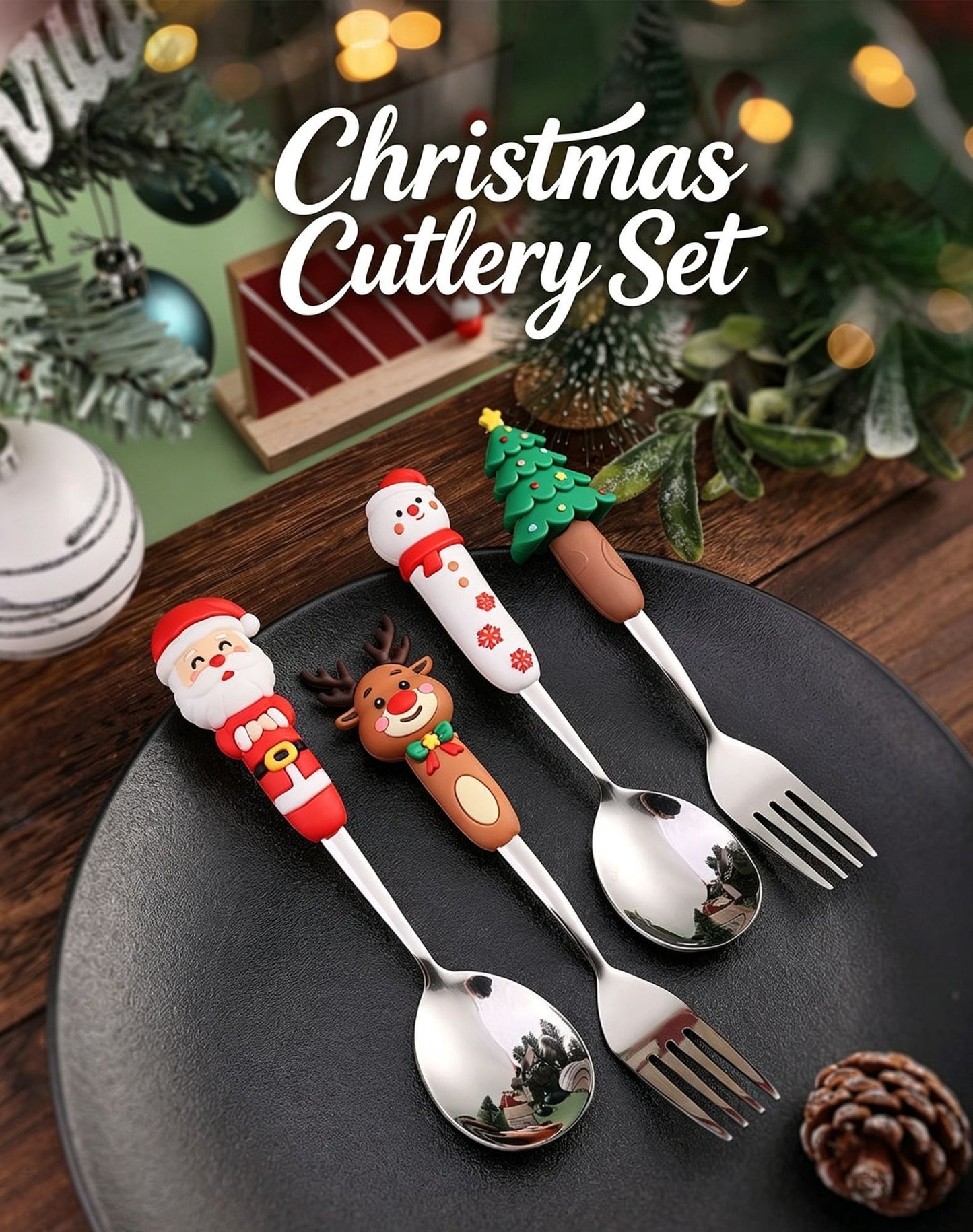 3D Xmas Figure Handle Stainless Steel Tableware Set, 2Pcs Large Golden Spoon Fork Style F, Applicable for Dessert Use and Christmas Handcrafted Gifts