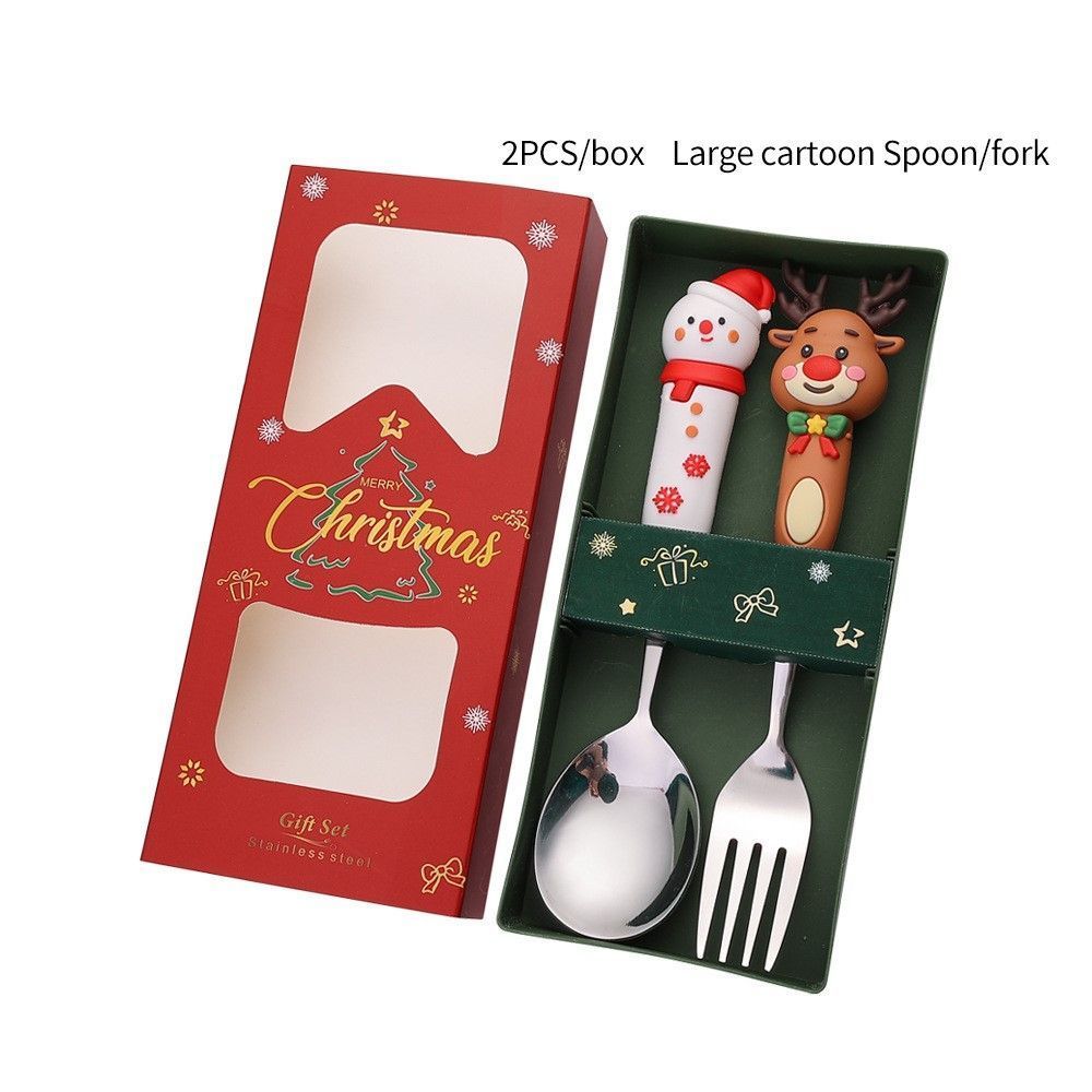 Cartoon Xmas Doll Stainless Steel Utensil Pack, 2Pcs Large Silver Spoon Fork Style B, Ideal for Festive Table Atmosphere and New Year Christmas Gifts