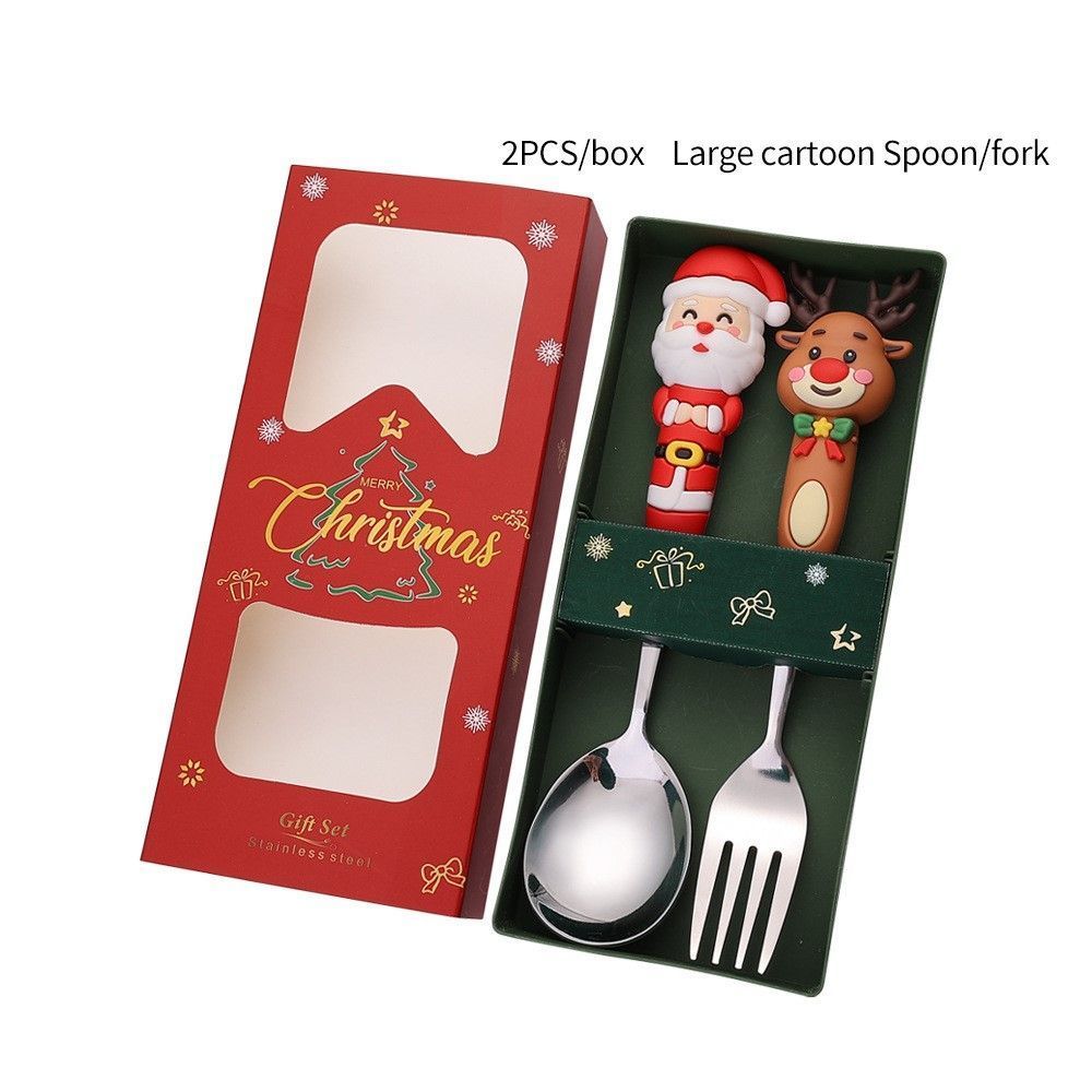 Christmas Themed Stainless Steel Dessert Cutlery Set, 2 Large Silver Spoon Fork Style C, Suitable for Holiday Table Display and Gift Box Matching