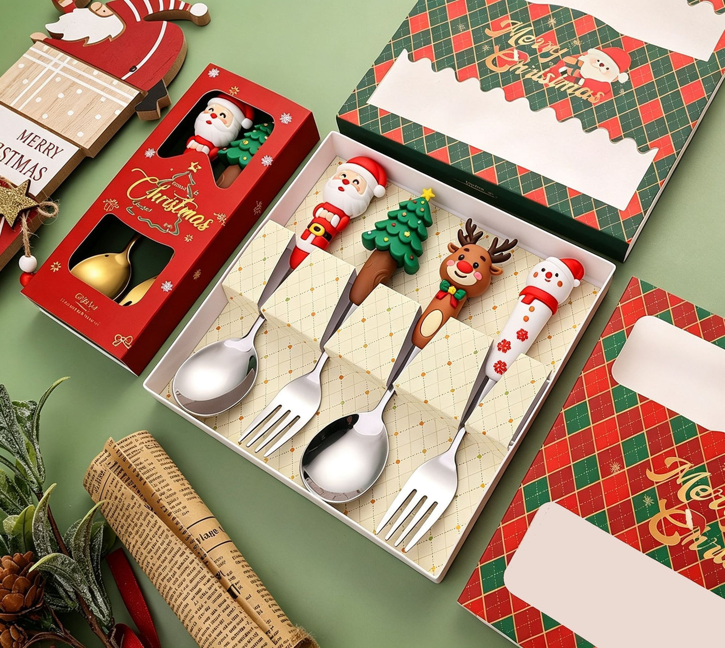 Christmas Themed Stainless Steel Dessert Cutlery Set, 2 Large Silver Spoon Fork Style C, Suitable for Holiday Table Display and Gift Box Matching