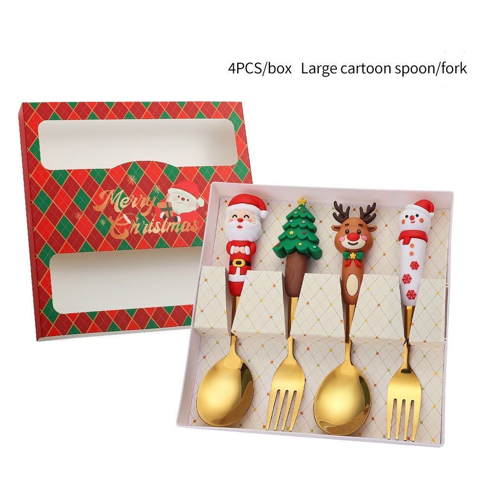 4Pcs Large Golden Stainless Steel Christmas Spoon Fork Set Style A, Cartoon Handle Boxed Tableware for Bulk Xmas Gifts and Banquet Layout