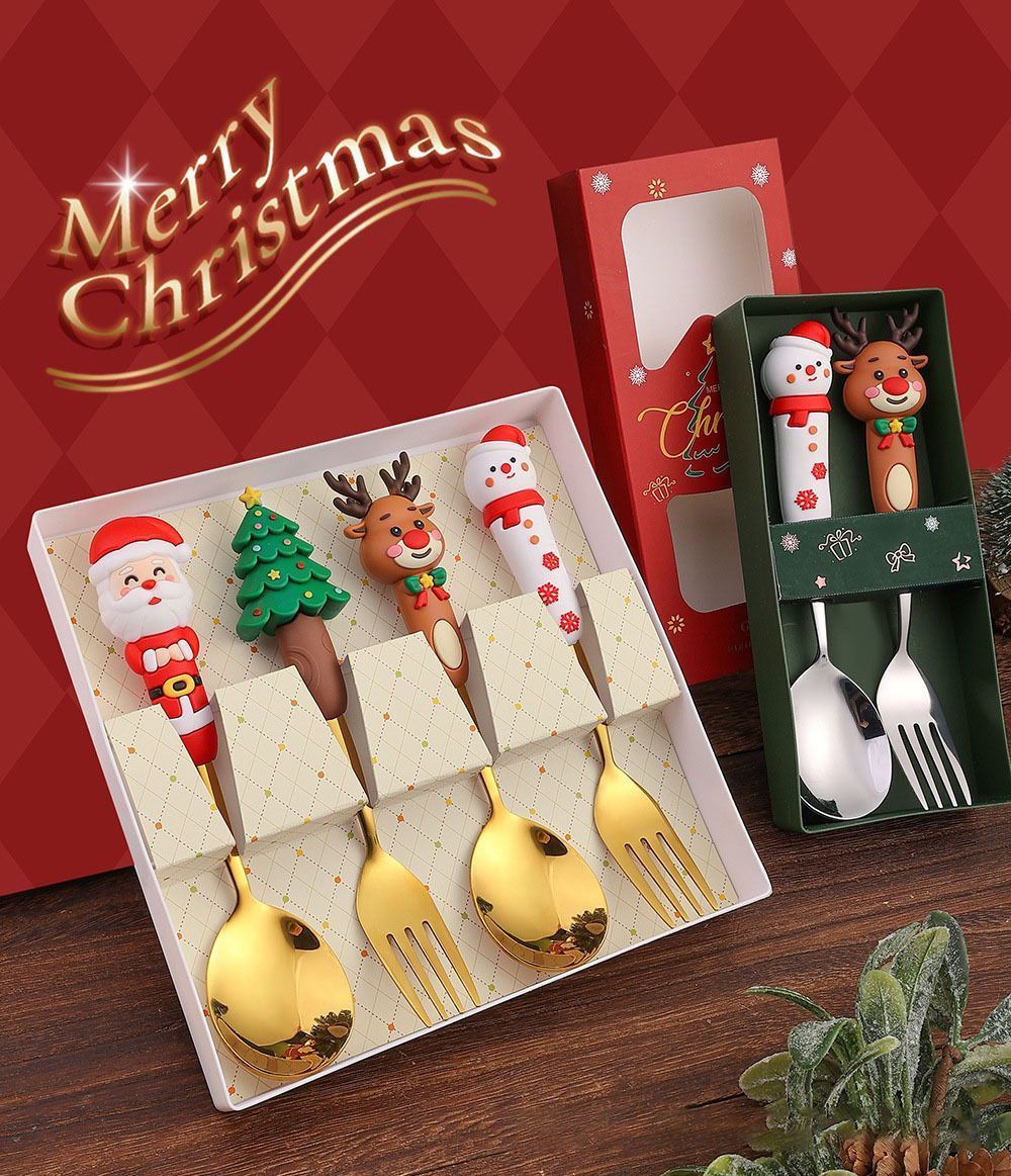 4Pcs Large Golden Stainless Steel Christmas Spoon Fork Set Style A, Cartoon Handle Boxed Tableware for Bulk Xmas Gifts and Banquet Layout