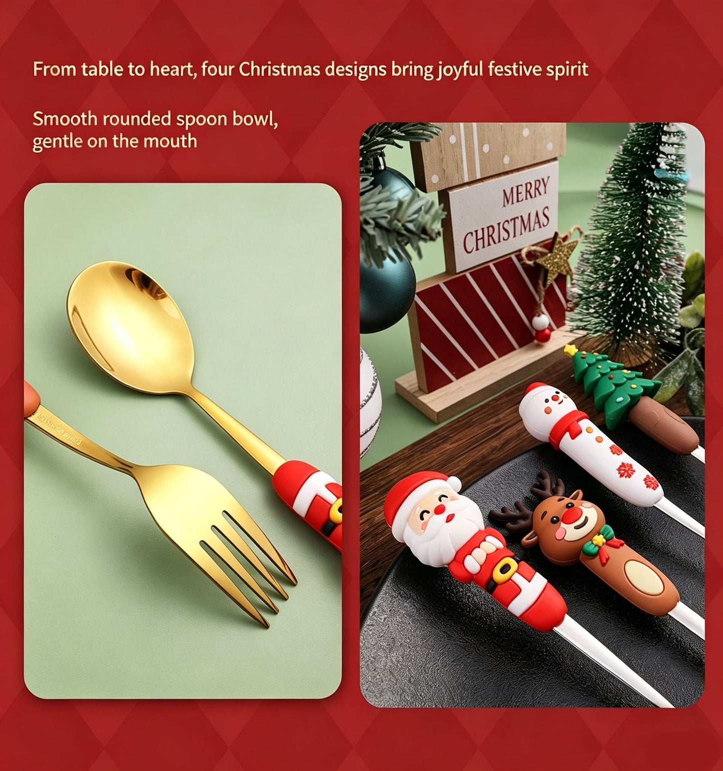 4Pcs Large Golden Stainless Steel Christmas Spoon Fork Set Style A, Cartoon Handle Boxed Tableware for Bulk Xmas Gifts and Banquet Layout