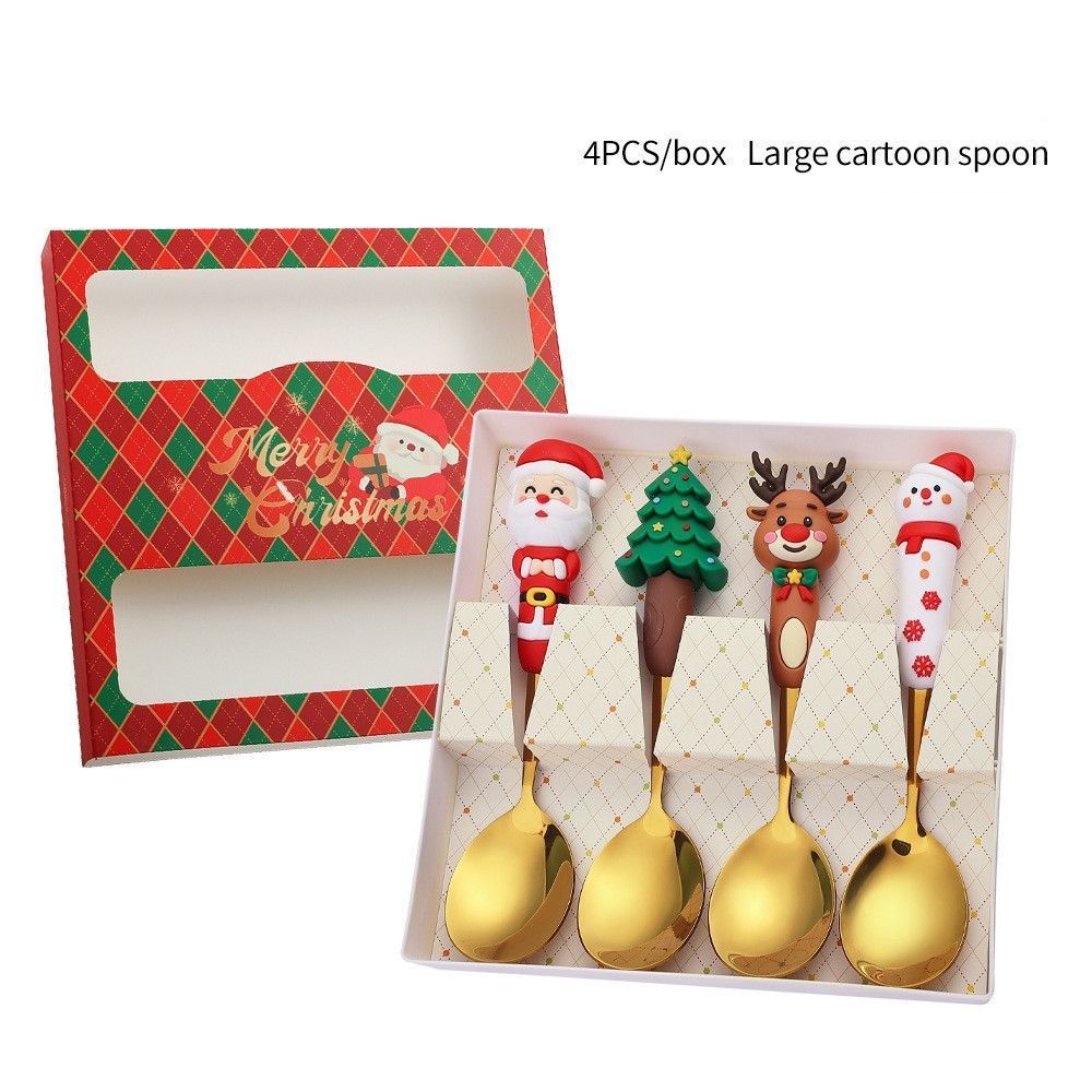 4 Pieces Large Gold Xmas Figurine Handle Stainless Steel Cutlery Kit Style B, Packaged for Christmas Party Dessert and Holiday Gift Hampers