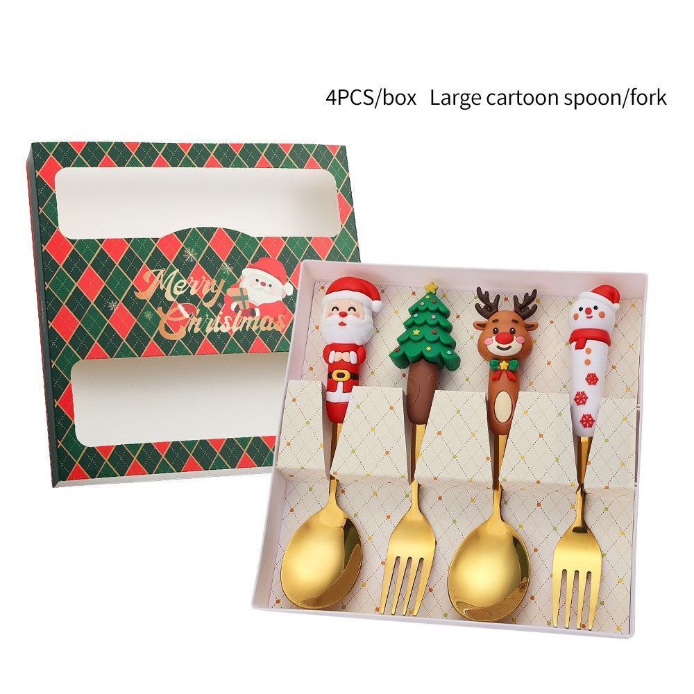 4Pcs Large Golden Christmas Stainless Steel Spoon Fork Style A with Green Plaid Gift Box, Festive Tableware for Xmas Decor and Premium Holiday Gifts