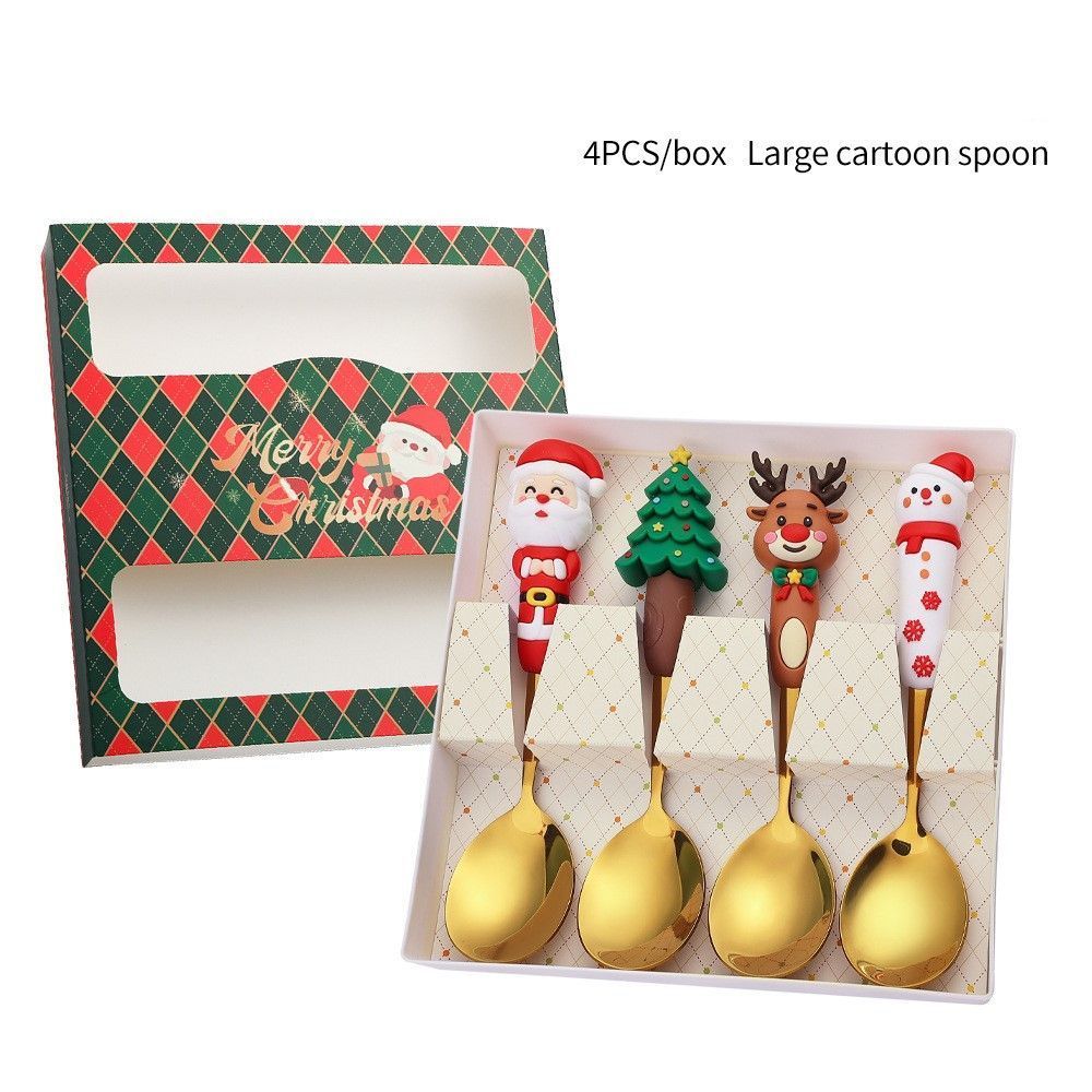 4 Large Gold Cartoon Christmas Stainless Steel Utensils Style B in Green Checkered Box, Perfect for Family Xmas Dinner and Seasonal Gift Preparation