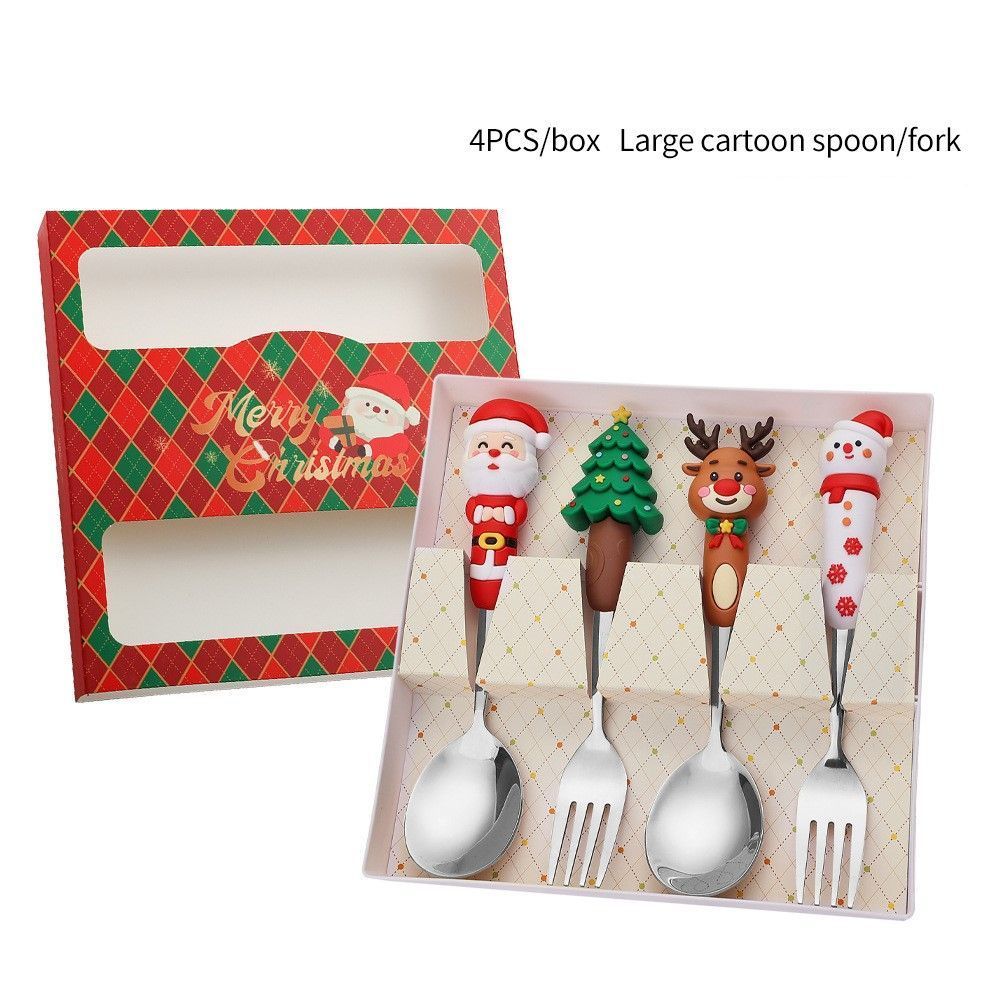 4Pcs Large Silver Stainless Steel Christmas Spoon Fork Gift Box Style A, Cute Doll Handle Cutlery for Dessert Service and Practical Holiday Presents