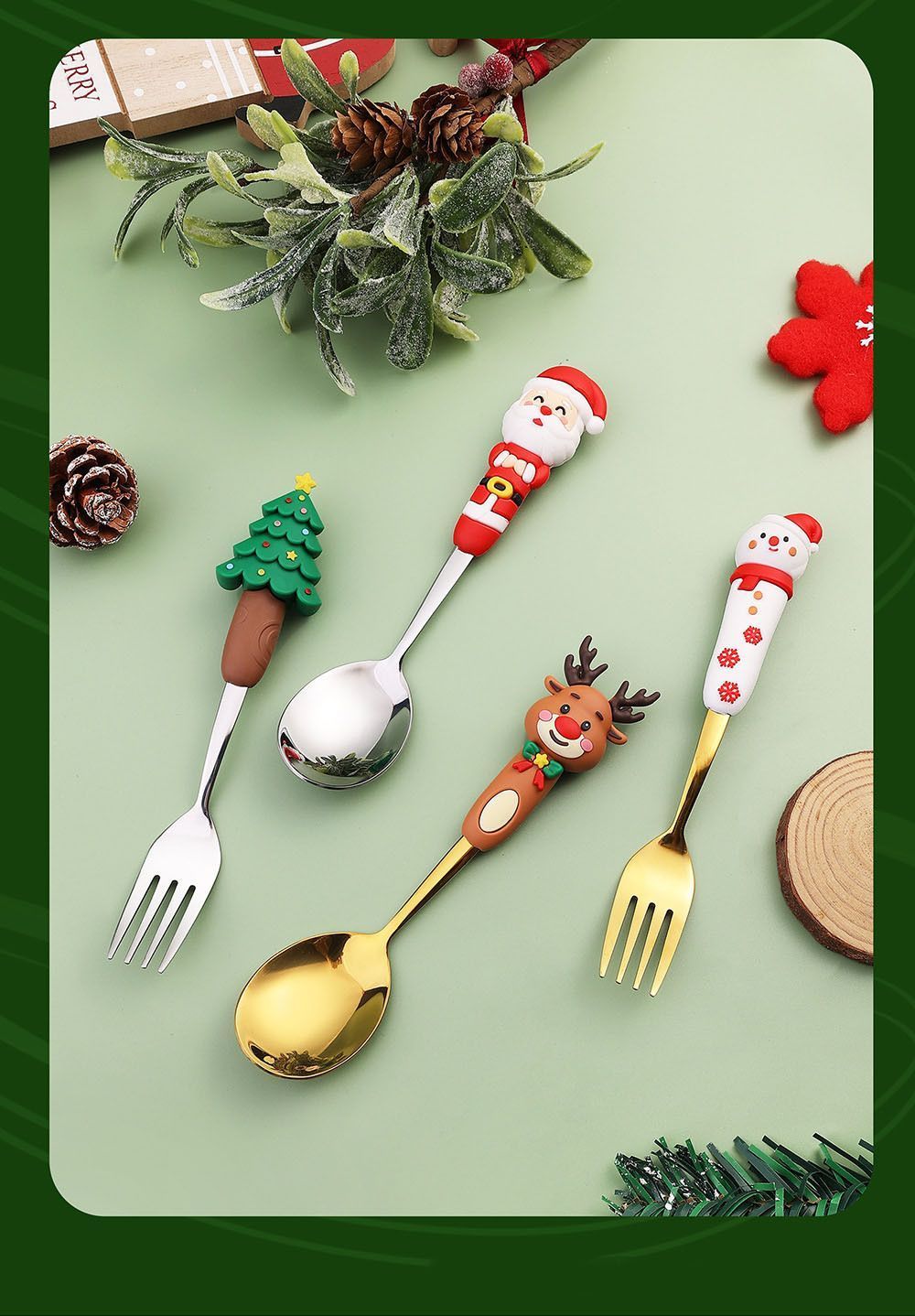 4Pcs Large Silver Stainless Steel Christmas Spoon Fork Gift Box Style A, Cute Doll Handle Cutlery for Dessert Service and Practical Holiday Presents