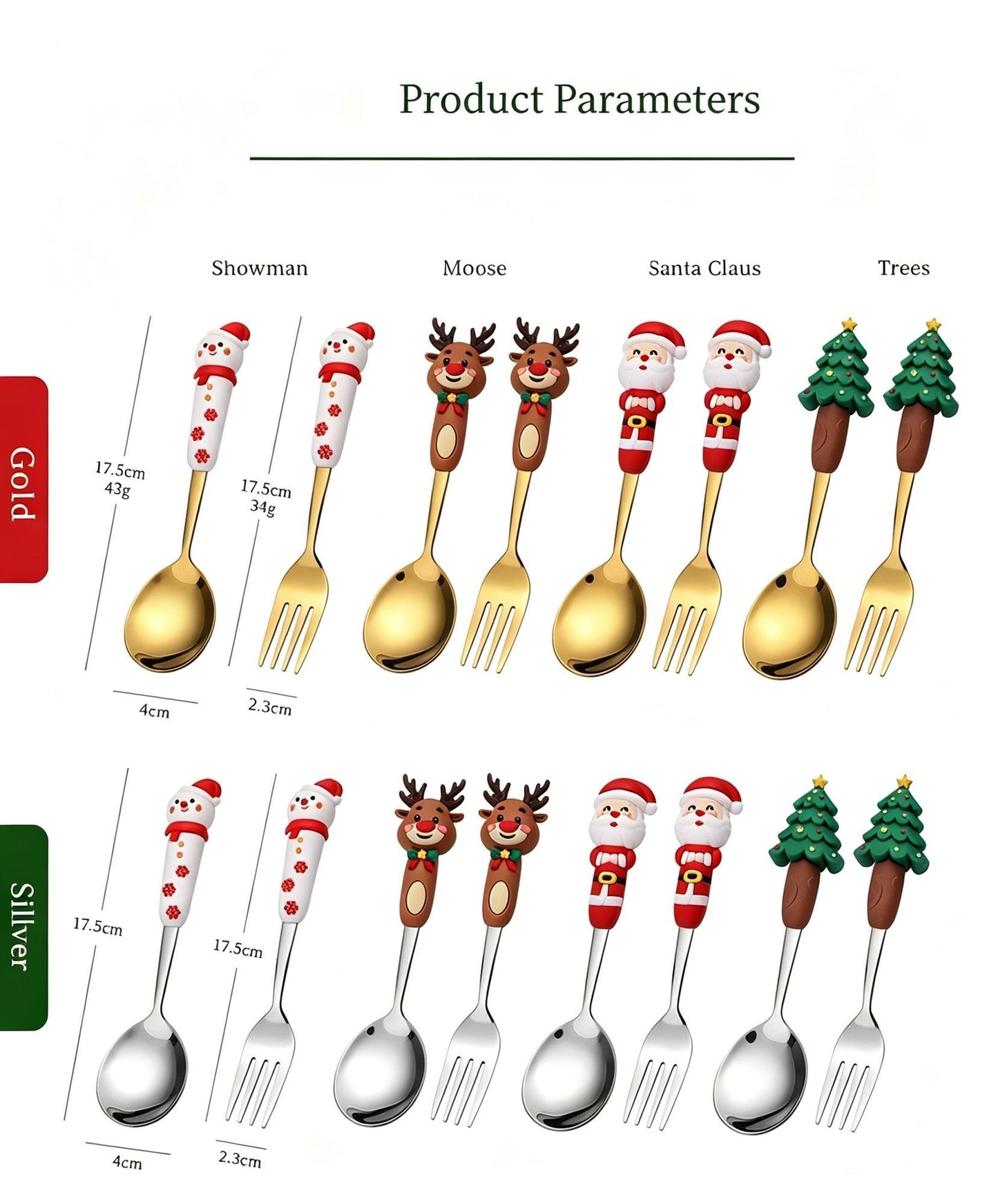 4Pcs Large Silver Stainless Steel Christmas Spoon Fork Gift Box Style A, Cute Doll Handle Cutlery for Dessert Service and Practical Holiday Presents