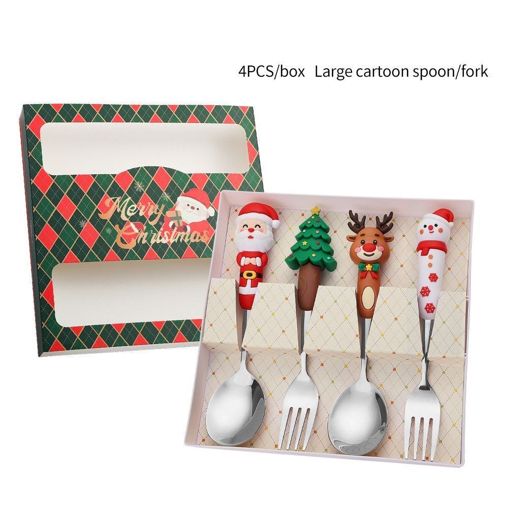 4 Large Silver Xmas Themed Stainless Steel Tableware Style A with Green Plaid Outer Box, Suitable for Xmas Event Layout and Business Gift Sets