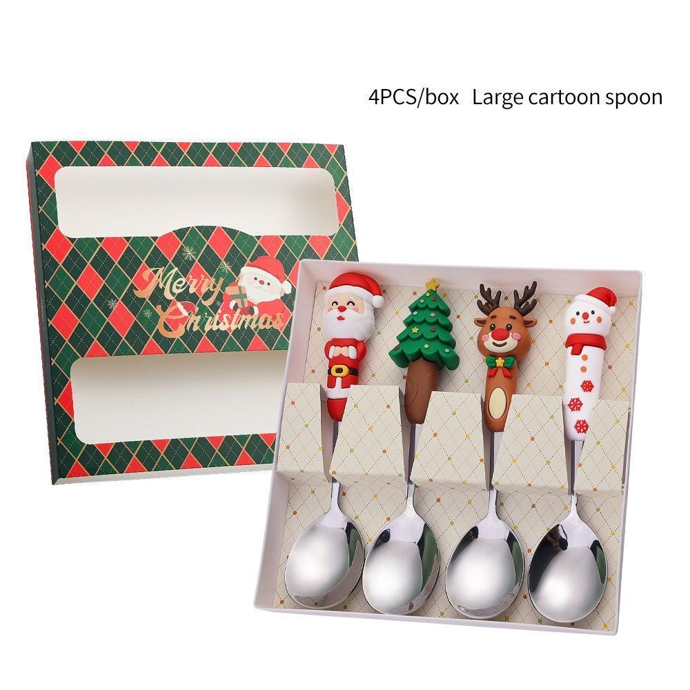 4 Pieces Large Silver Cartoon Christmas Stainless Steel Spoon Fork Kit Style B in Green Gift Box, Ideal for Household Xmas Dining Decor and Commemorative Gifts