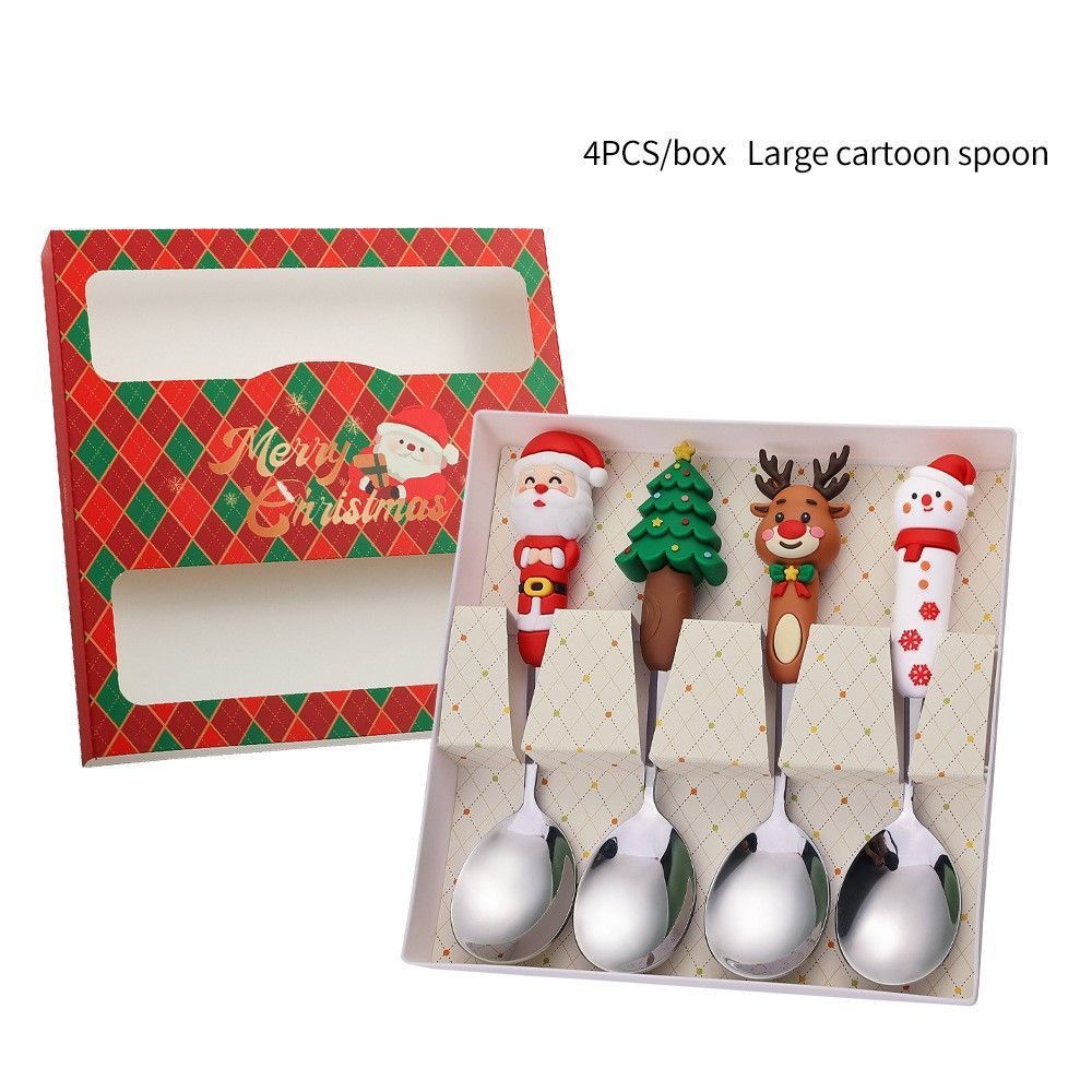 4Pcs Large Silver Xmas Doll Handle Stainless Steel Spoon Only Set Style B, Green Checkered Box Packaging for Christmas Table Ornament and Holiday Gift Selection