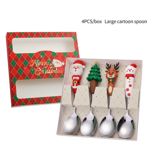 4Pcs Large Silver Xmas Doll Handle Stainless Steel Spoon Only Set Style B, Green Checkered Box Packaging for Christmas Table Ornament and Holiday Gift Selection