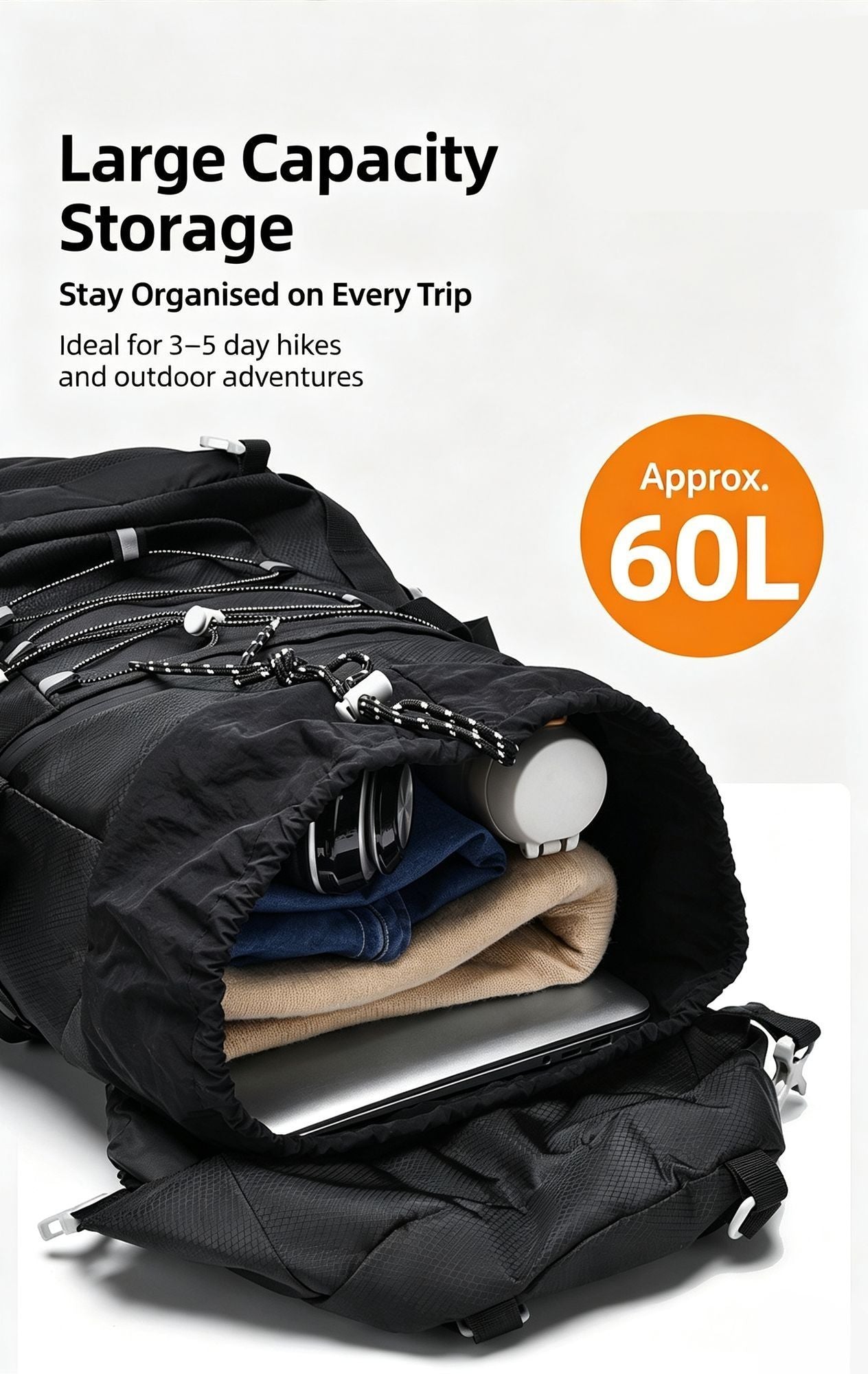 Heavy‑Duty Nylon Camping Rucksack 60L Dark Blue,Adjustable Volume Backpack With Rain Cover,Reliable Gear for Hiking Long‑Distance Travel,Christmas Halloween Outdoor Trip Gift Idea