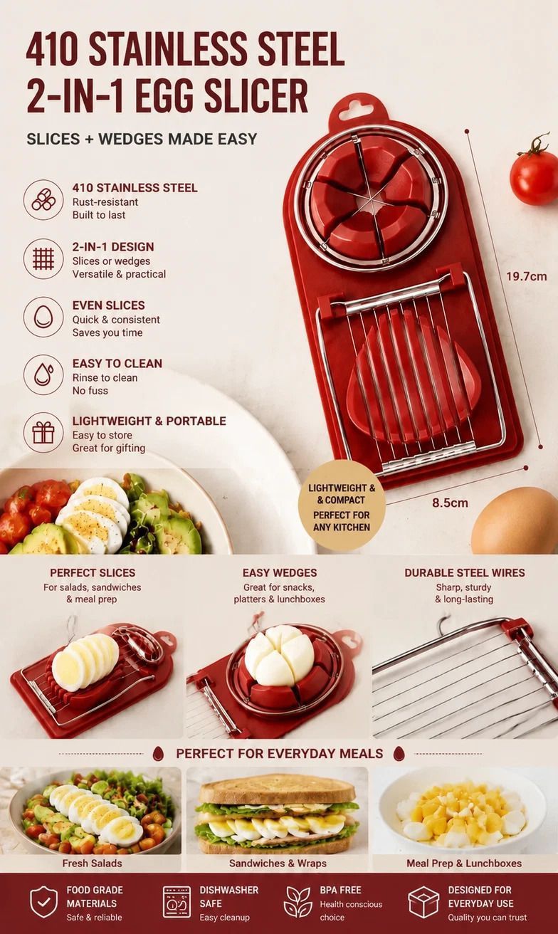 White 2-in-1 Stainless Steel Egg Slicer 2Pcs Mess Free Easy Egg Cutting