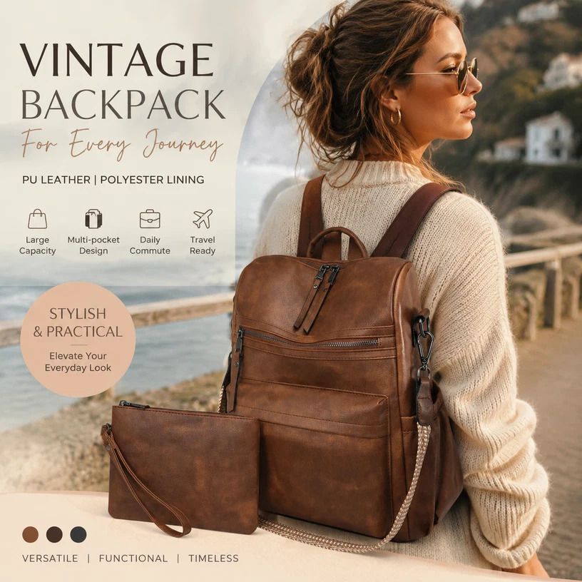 Two-Tone Brown Grain Ladies Vintage Backpack Set Large Travel Shoulder Bag