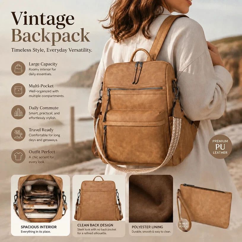 Yellow Apricot Textured Ladies Backpack Set Vintage Large Capacity Shoulder Pack