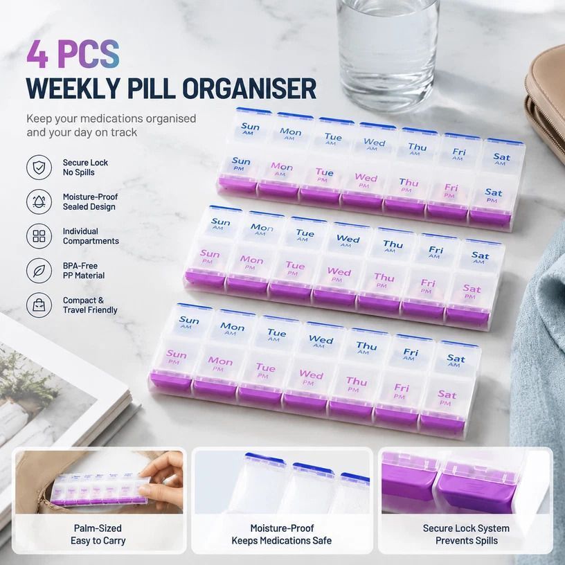 Double Row 14 Compartment Weekly Pill Container Portable Press Medicine Box 4Pcs