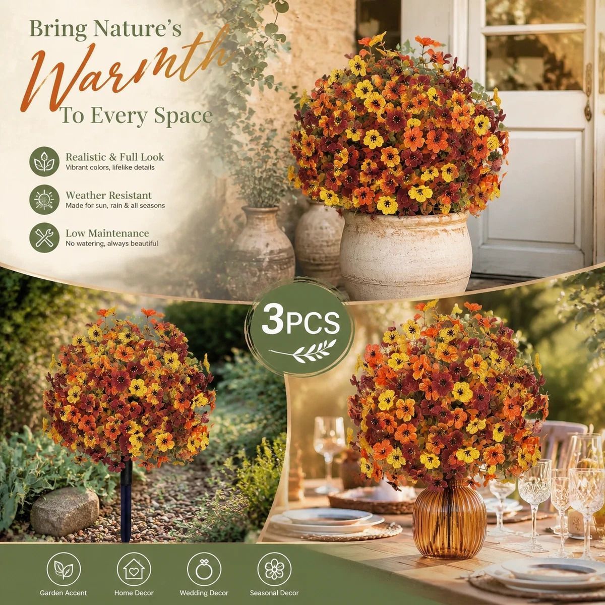 Mixed Autumn Artificial Eucalyptus Violet Stems Set of 3 Garden Stake Photo Decor