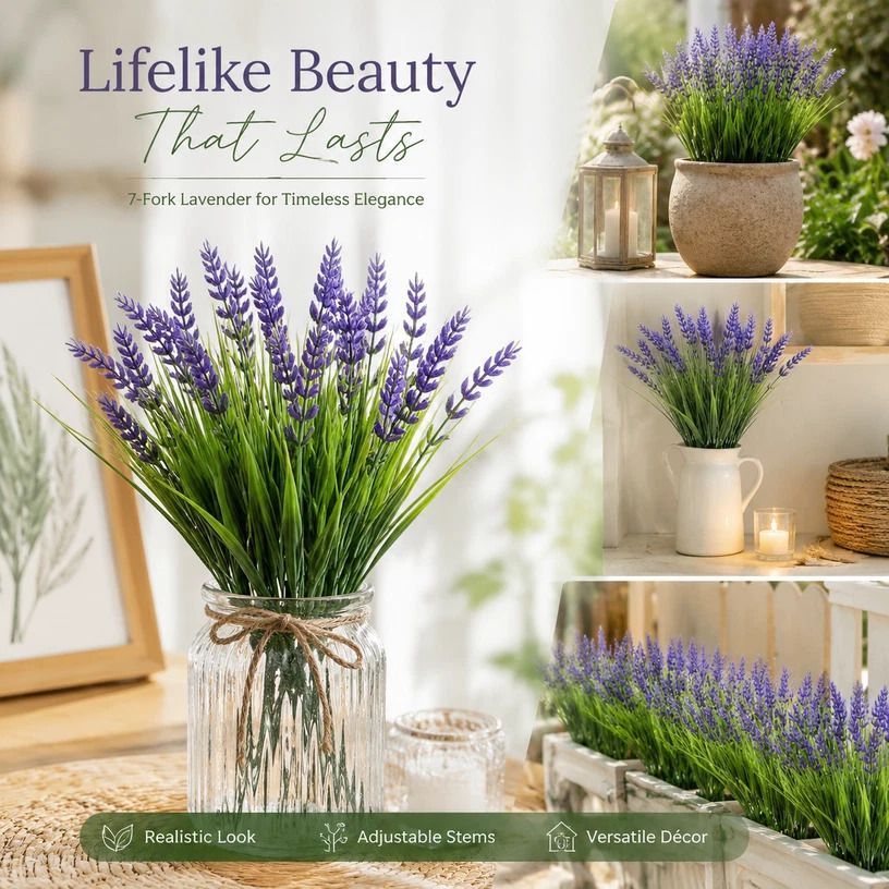 Purple 7 Branch Artificial Lavender Spring Grass Floral Display Stems 6 Pack
