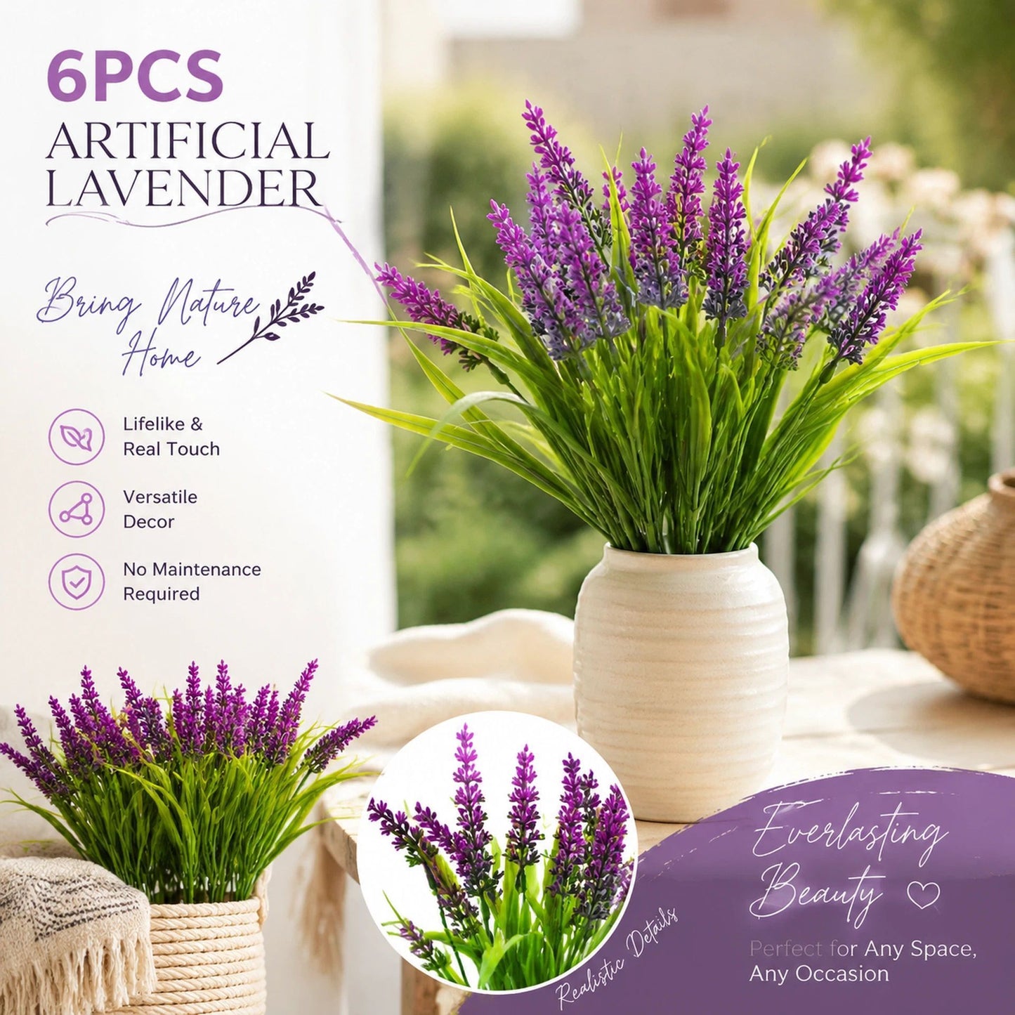 Lotus Pink 7 Fork Faux Lavender Fake Greenery Home Patio Decor Set of 6