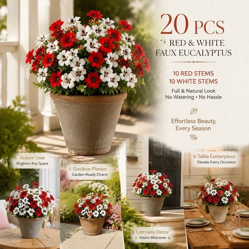 White & Red Mixed Artificial Eucalyptus Pansy Stems Patio Display 20 Pack