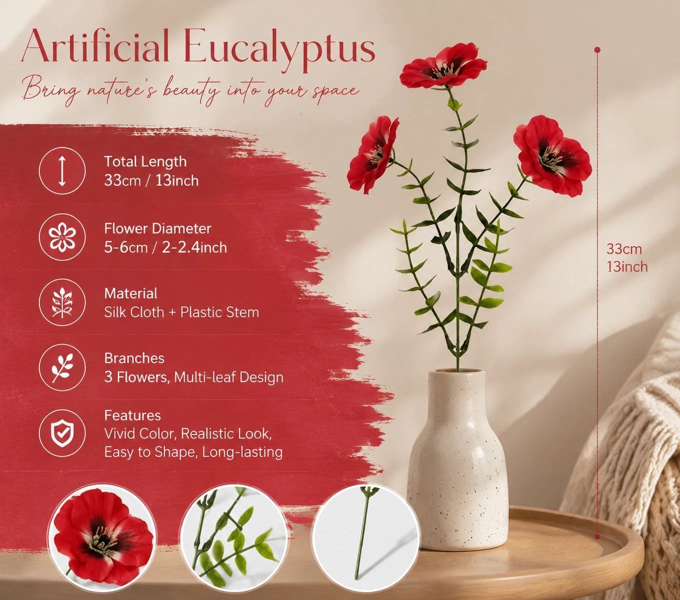 White & Red Mixed Artificial Eucalyptus Pansy Stems Patio Display 20 Pack