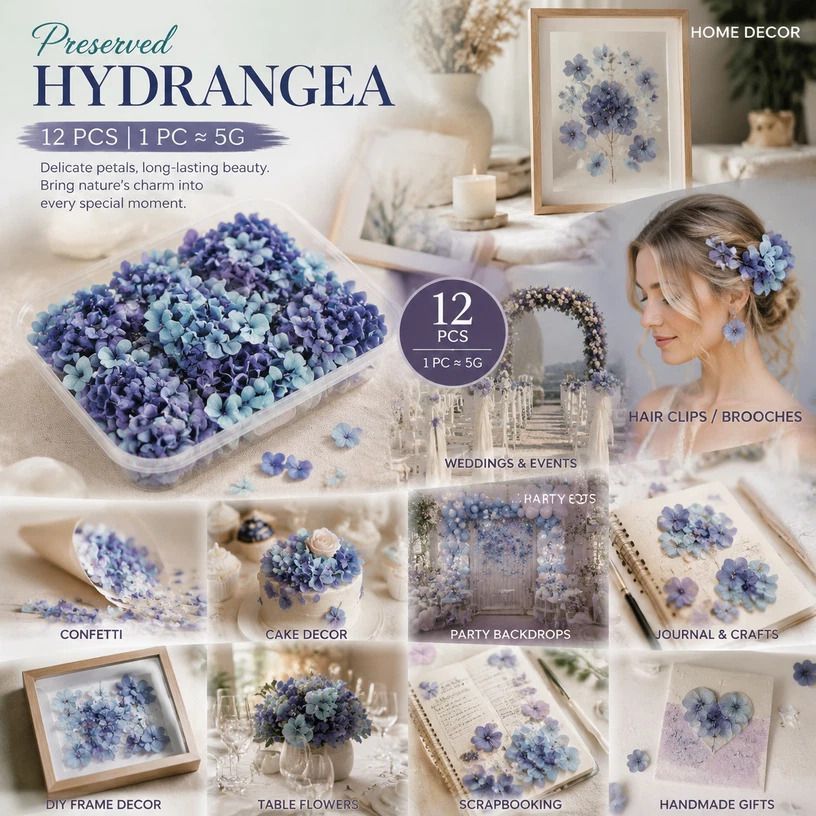 Blue Purple Tone Preserved Hydrangea Dried Floral Resin Supply Large Pack of 12