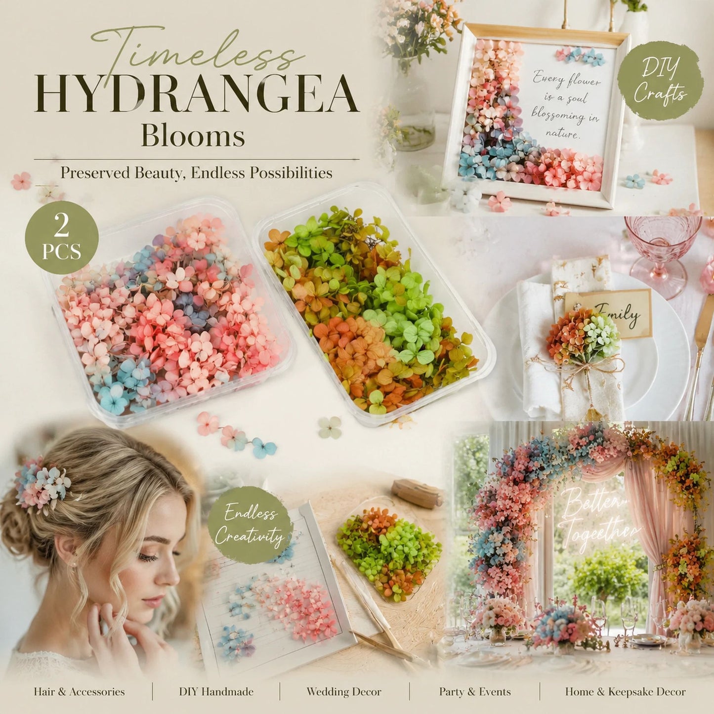 Dreamy Tone & Hibiscus Tone Preserved Hydrangea Bouquet Making Craft Supply 2 Pack