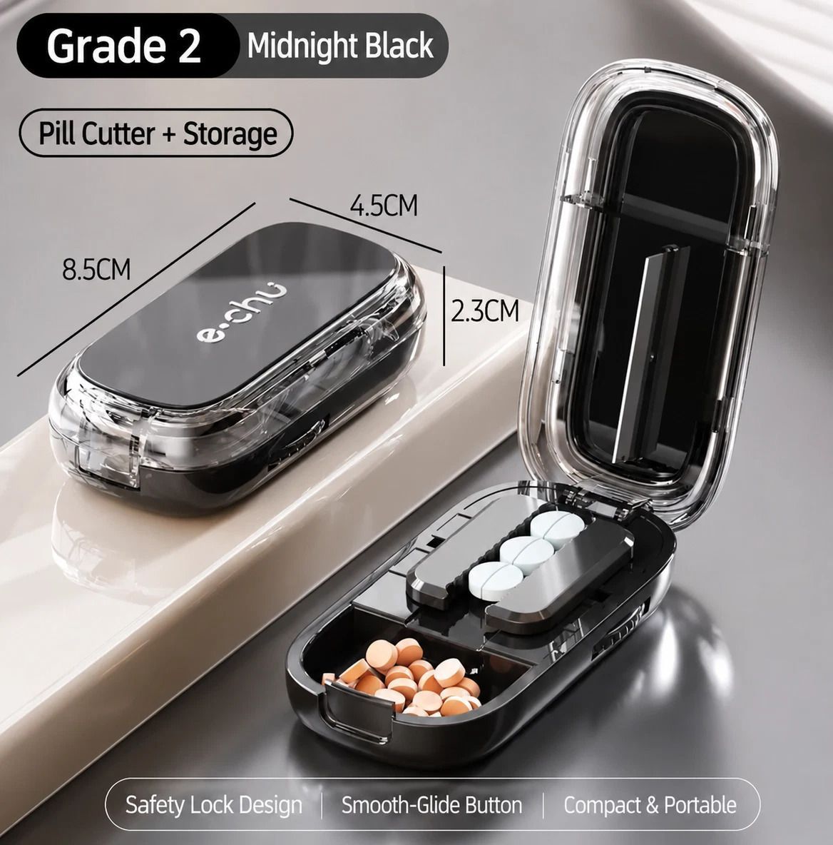 2pcs Starry Black Pill Box with 1/2 Pill Cutter