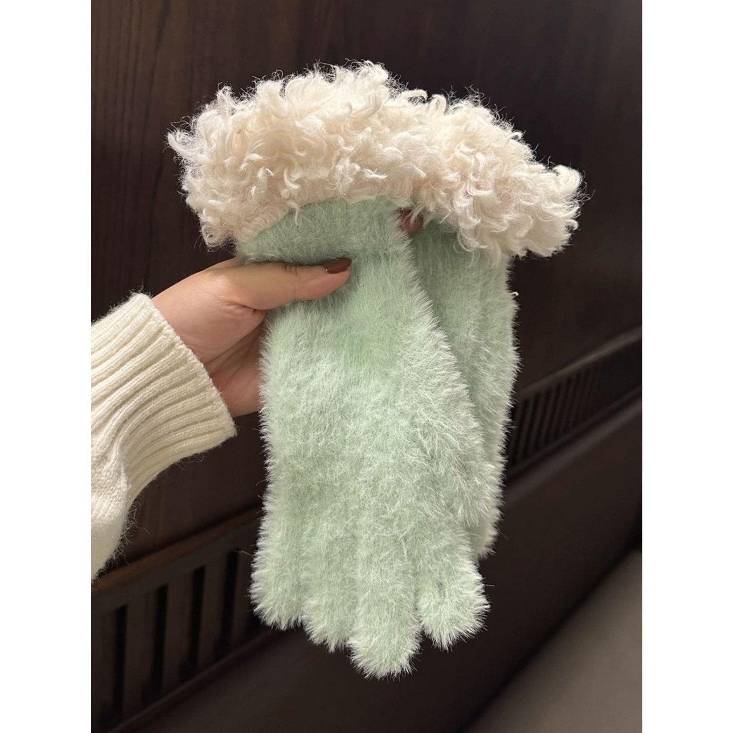 Khaki Faux Mink Spliced Gloves